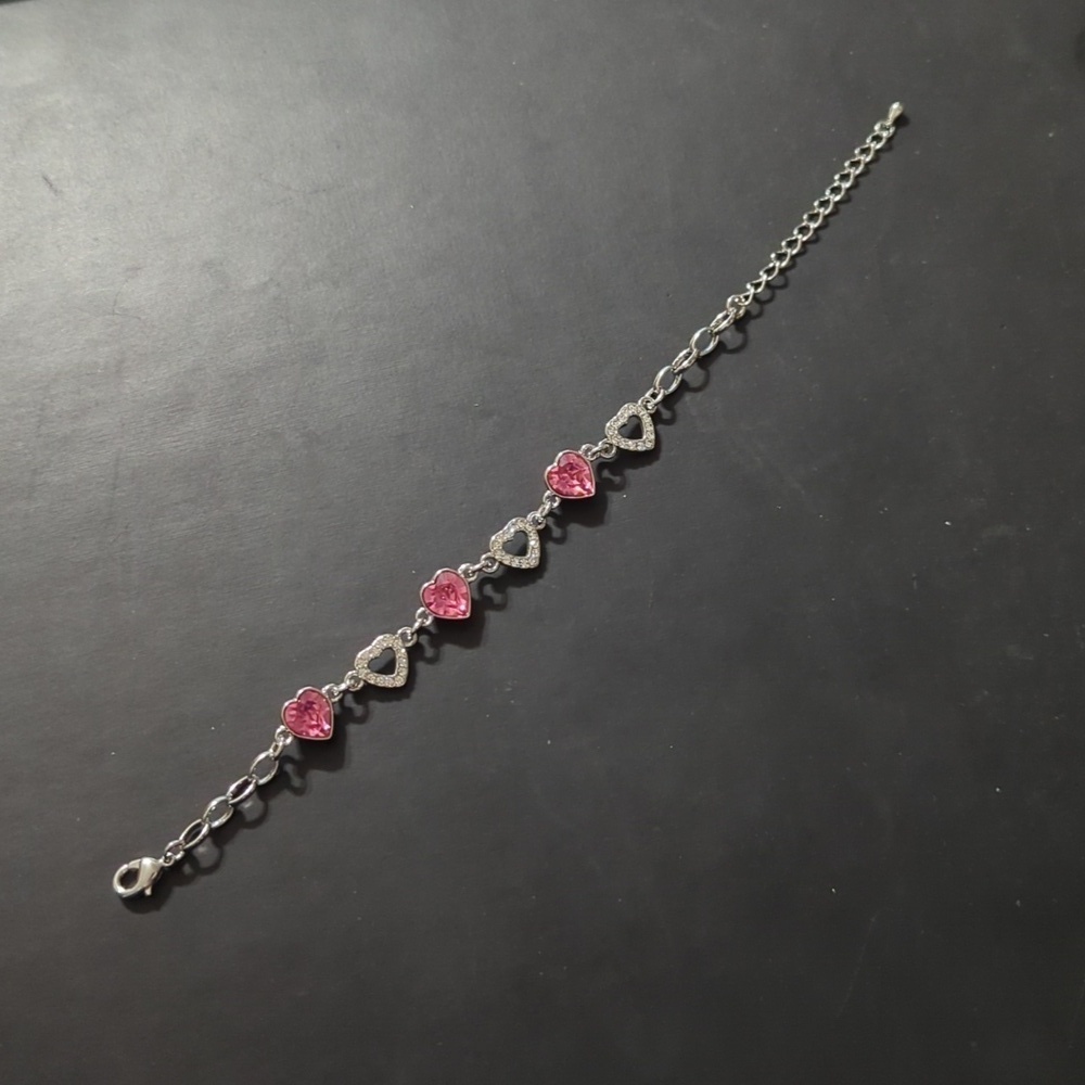Silver Tone Pink and Clear Rhinestone Heart Shape Statement Bracelet - Picture 2 of 6